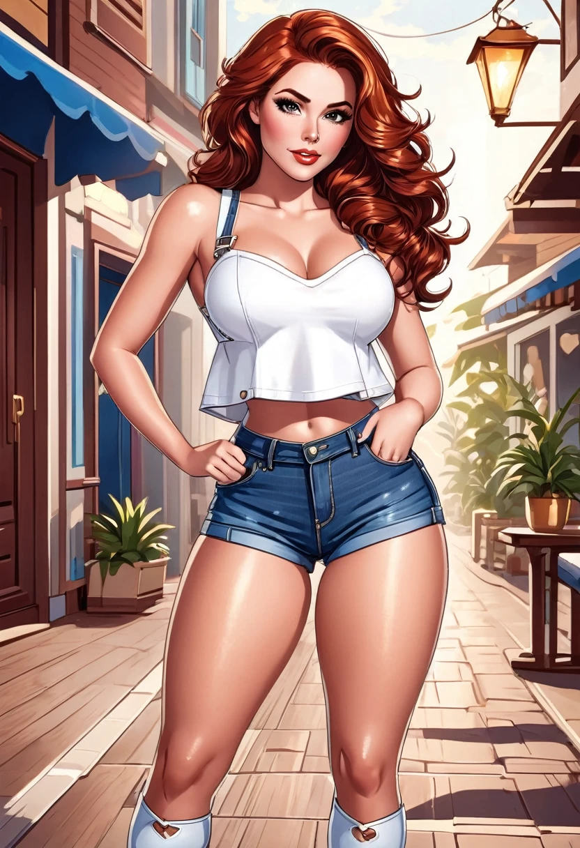 ((best qualityer)) beautiful woman in denim shorts and white crop top posing for a photo, beauty shot jeans , inverted triangle body type, Bela , mulher de corpo inteiro, wearing denim shorts, beautiful charming woman, wavy red hair, honey brown eyes, hourglass figure, cartoon vector style, corpo pin-up, Broad Hips, voluptuous woman, charming woman