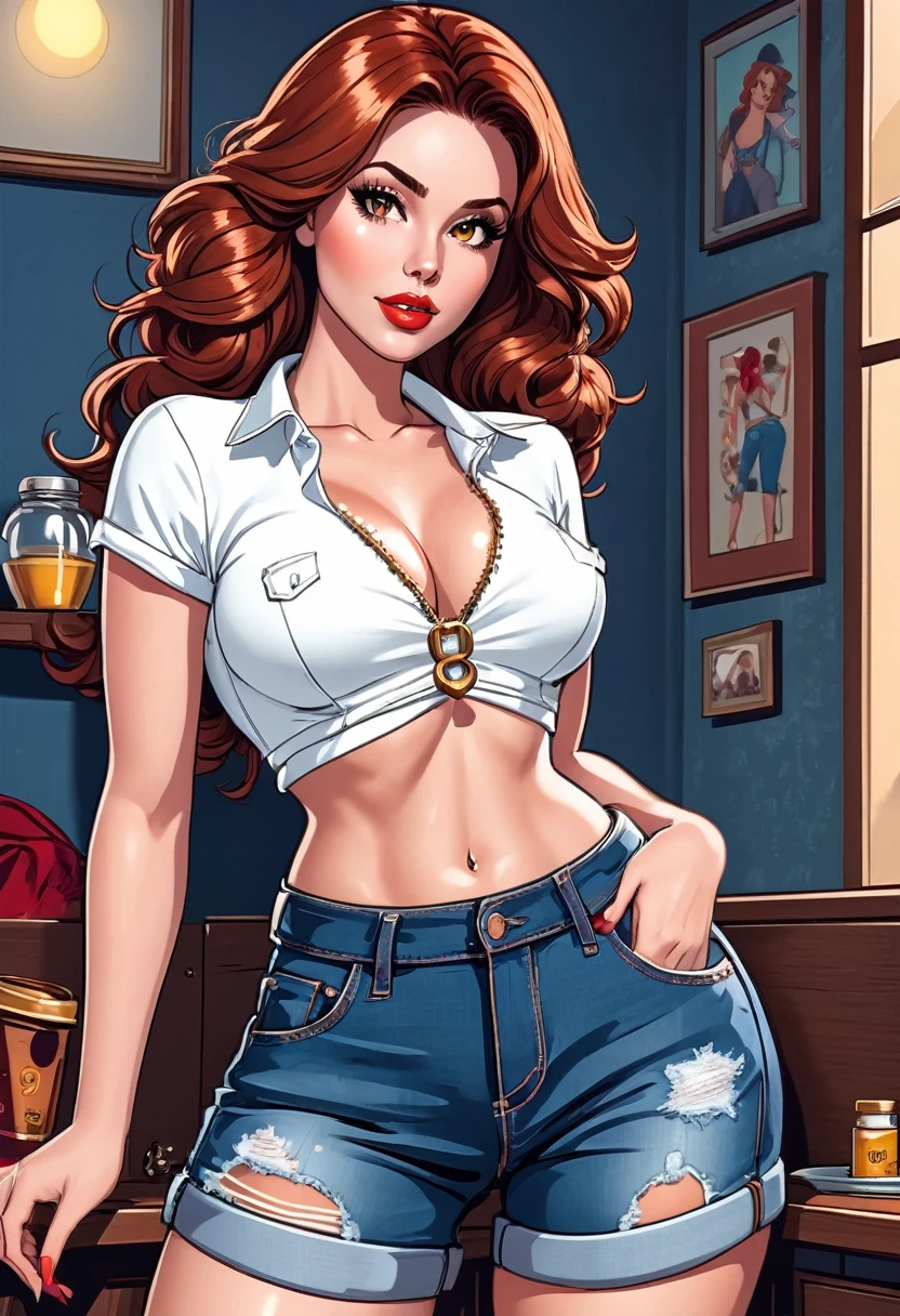 ((best qualityer)) beautiful woman in denim shorts and white crop top posing for a photo, beauty shot jeans , inverted triangle body type, Bela , mulher de corpo inteiro, wearing denim shorts, beautiful charming woman, wavy red hair, honey brown eyes, hourglass figure, cartoon vector style, corpo pin-up, Broad Hips, voluptuous woman, charming woman
