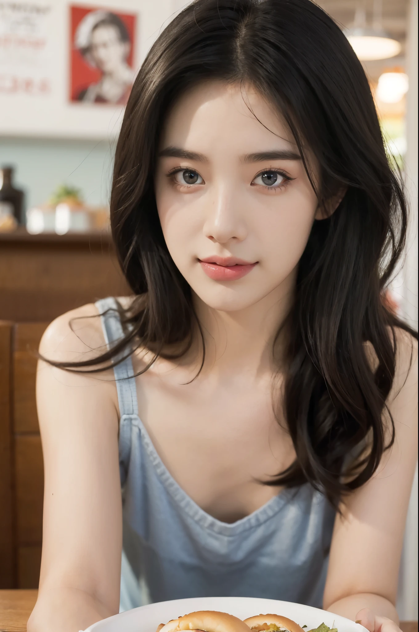 (((best quality))),(((ultra detailed))),(((masterpiece))),illustration,((1girl,solo)),(straight black bob hair:1.2),((slim,thin)),((small breasts,flat chest)),sitting,(in KFC:1.3), (burgers and drink on the table:1.2),((white strap tank top, white pants)), clean, fresh, bright face, sparkling eyes, rosy cheeks, beautiful smile, white teeth, neatly combed hair,sexiness,visible, natural, carefree,bustling restaurant, other customers, enjoying meals, chatting, bright lighting, warm atmosphere, joy, relaxation, cute appearance, carefree attitude, visually appealing, heartwarming,((upper body,from front))
