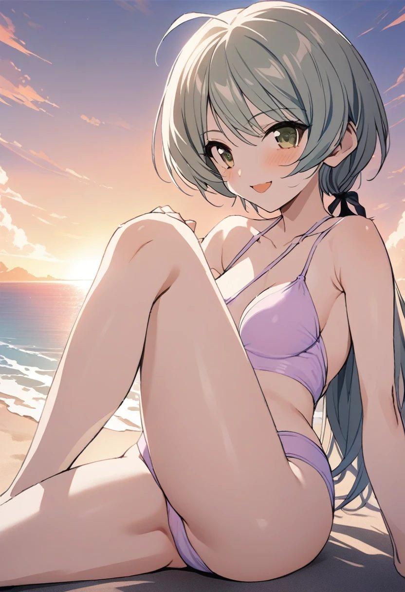 One girl,Kaoru、Gentle expression、smile、Welcome、Cute pose、Pastel-colored sexy swimsuit、nsfw,Ocean、beach、sunset、Sitting、Leg spread、from below,A complete depiction of the human body、masterpiece, Highest quality, Game CG, ultra detailed、highres、extremely detailed CG