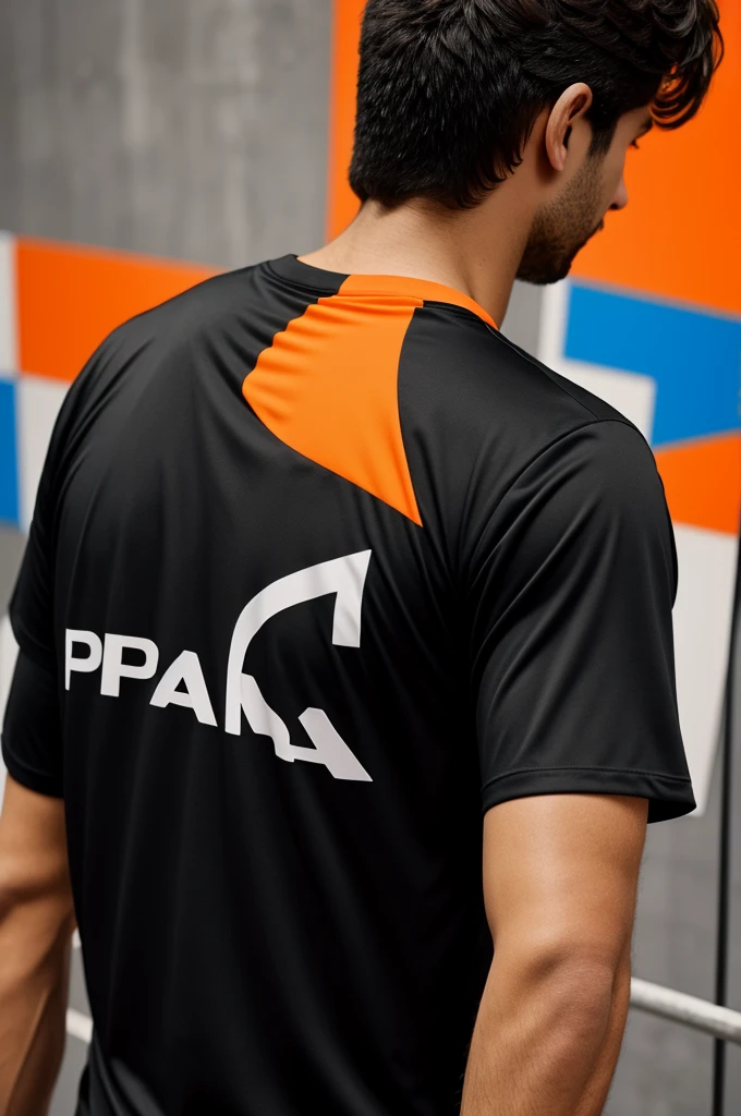 Design a padel t-shirt, front and back, that is black with orange details, leave room for advertising