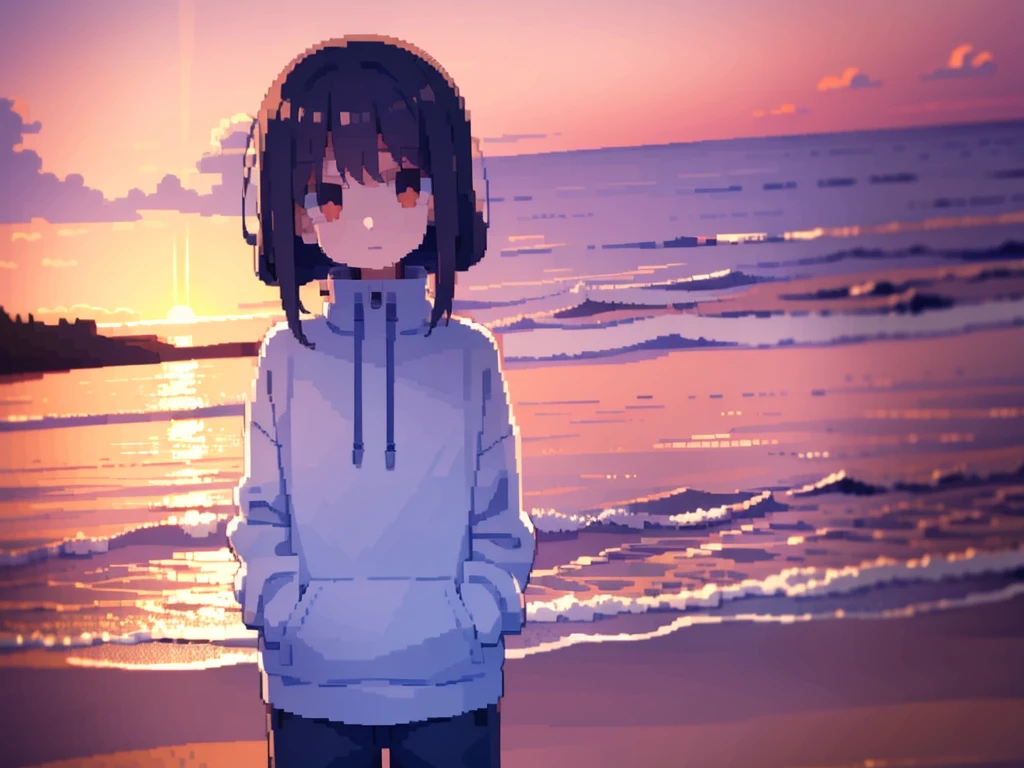 Sunset on the seaside road，A 17-year-old girl is looking at the camera with reluctant eyes，Pixel style，Wearing a sweatshirt with his hands in his pockets, standing sideways，Upper Body，The girl is relatively small in the frame and is located in the lower right corner of the lens.，The lens is wide-angle and atmospheric