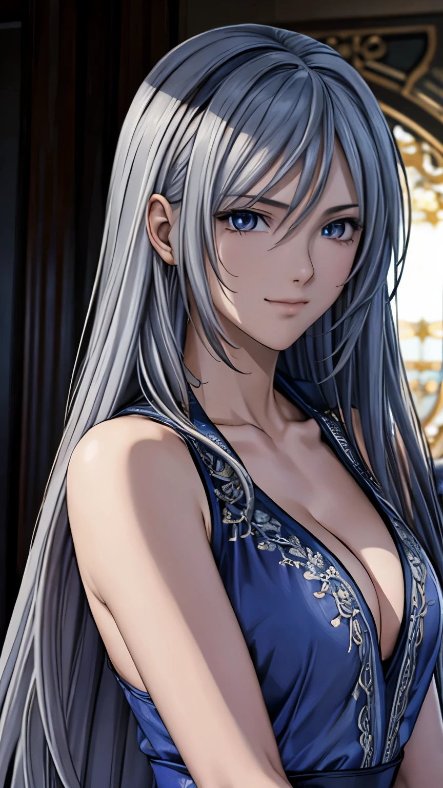 (Harf shot),(surreal), (figure), (Improved resolution), (8K), (very detailed), (Best figure), (beautiful and detailed eyes), (highest quality), (super detailed), (masterpiece ), ( wallpaper), (detailed face), alone, 1 girl, looking at the viewer, small details, detailed face, in the dark, deep shadow, red eye, discreet key, Pure erotic face ace_V1, long hair, silver shawl straight hair , 46 point diagonal bangs, (light_smile:0.5), (Very embarrassed:0.8),