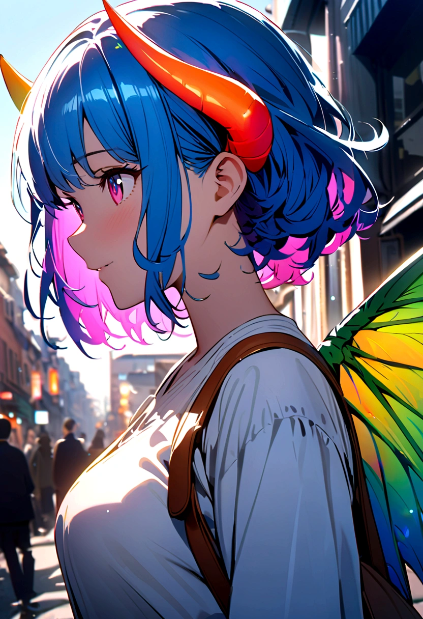 Anime girl with blue hair and horns on the street,White shirt, Dragon Wing