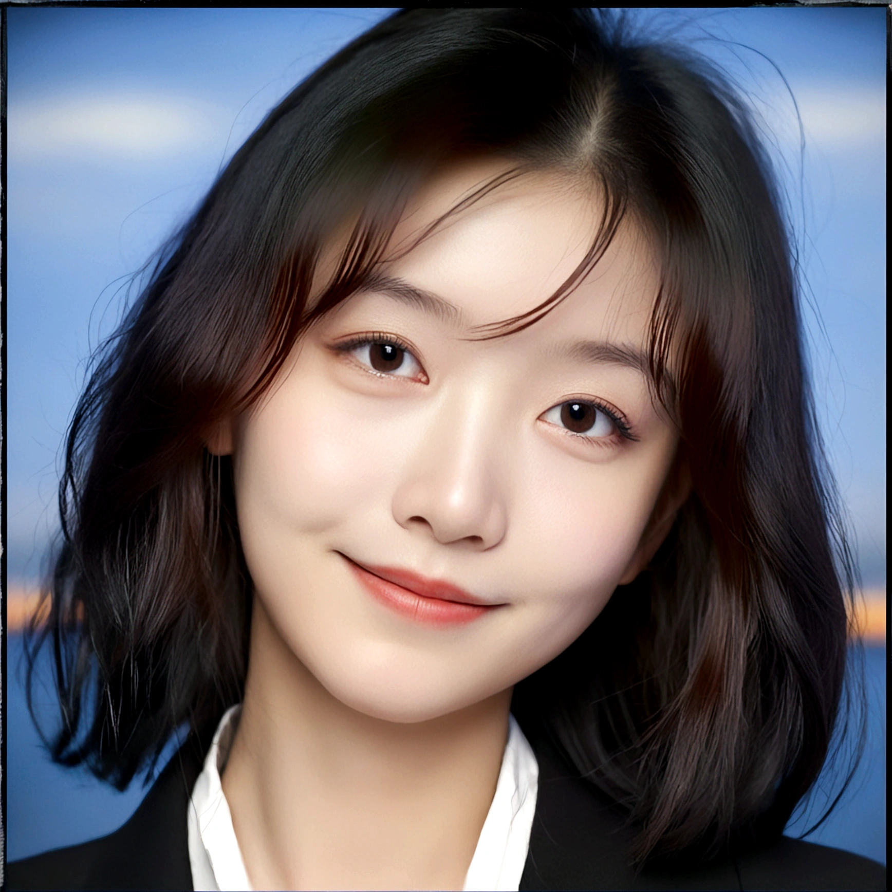 1girl, solo, looking at viewer, smile, black hair, closed mouth, female focus, black eyes, lips, portrait, realistic