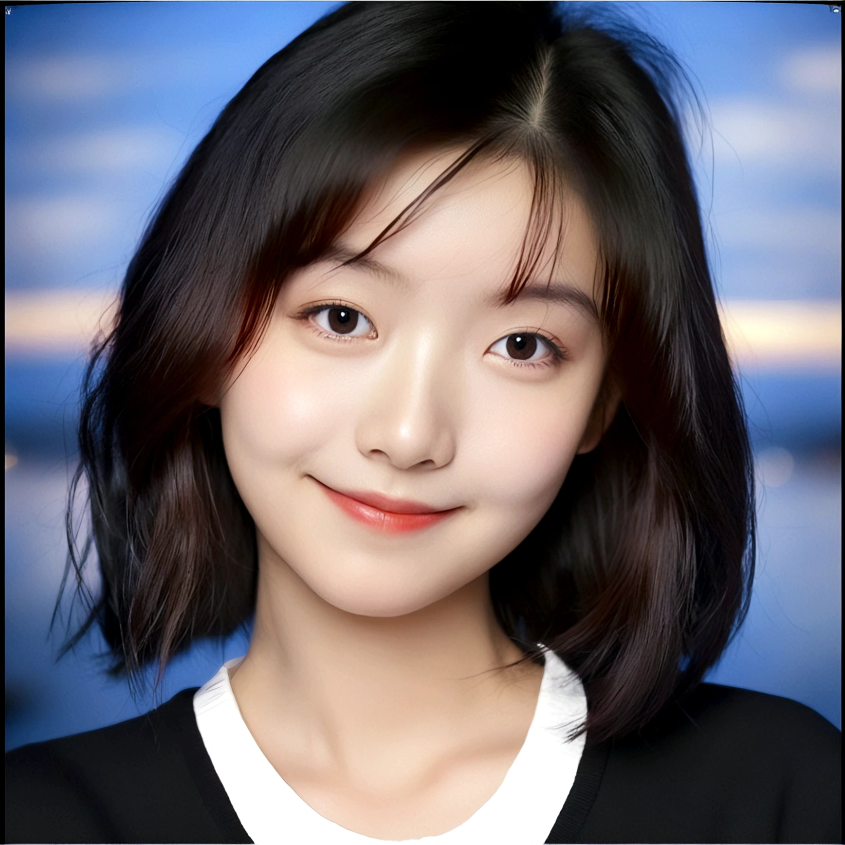 1girl, solo, looking at viewer, smile, black hair, closed mouth, female focus, black eyes, lips, portrait, realistic