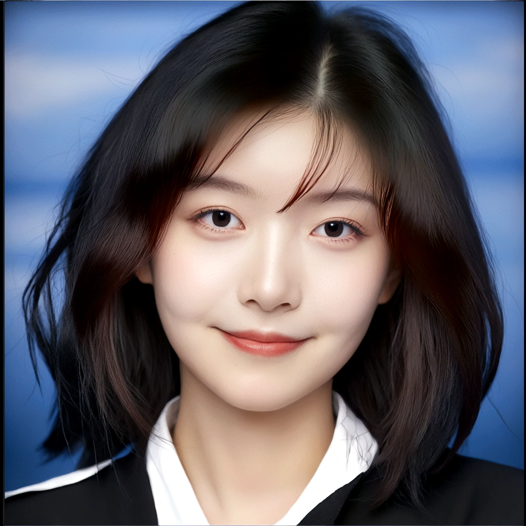 1girl, solo, looking at viewer, smile, black hair, closed mouth, female focus, black eyes, lips, portrait, realistic