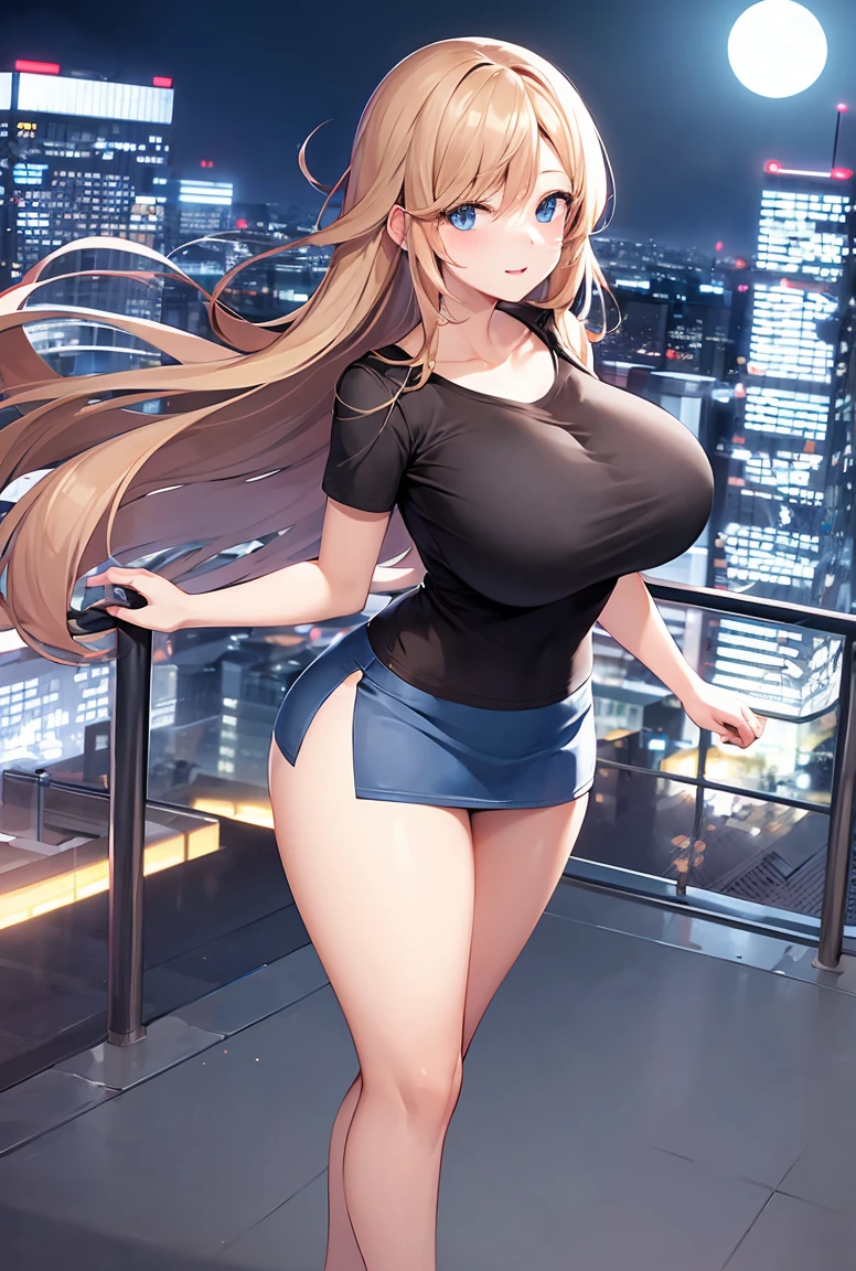 ((Best quality, 8K, masterpiece:1.3)), Anime girl, full body, very large breasts:1.4, large butt:1.4, wide hips:1.3, narrow waist:1.2, slender long legs, long wavy light brown hair:1.2, large expressive blue eyes:1.2, long eyelashes, navy blue mini skirt:1. 2, tight white t-shirt, standing against a night city background, bright neon lights:1.3, modern buildings, street with people, highly detailed skin and facial texture, detailed eyes, view of night city from a rooftop:1.3, moon in the sky, windy night, slightly dishevelled hair.
