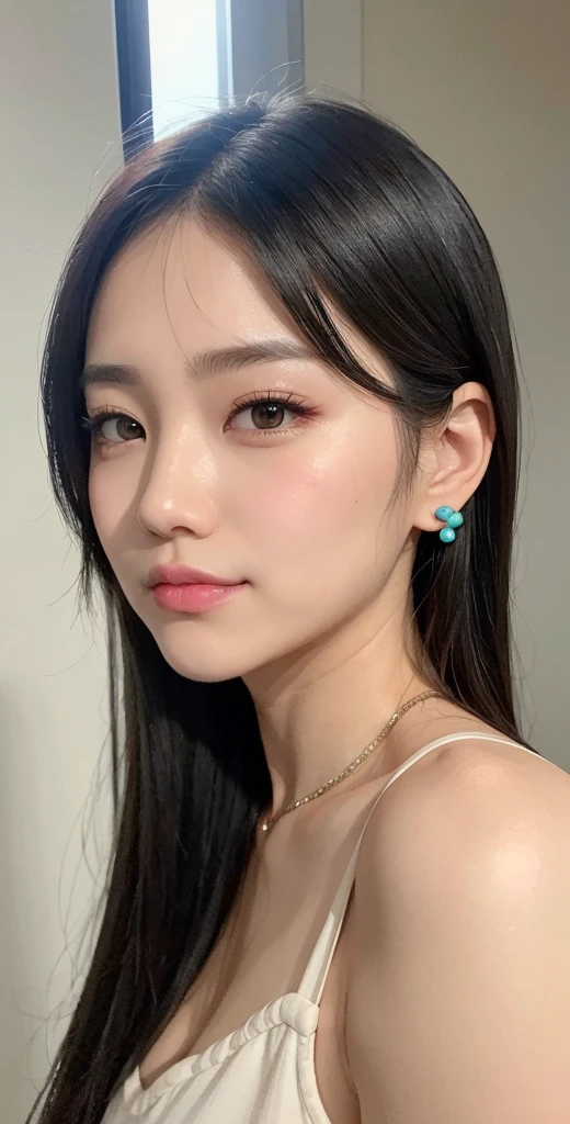 top-quality、masterpiece、hight resolution、Black hair、Turquoise hair inside、BREAK、A slight smil、frontage、1 Female solo、beautiful shadow、Dazzling light、well-muscled、Complicated piercing of ears、Well-formed face、Hyper Detail、Colossal 、beautifuldetails、Delicate、sweeter oversize transparent、Wipe sweat、Reddish eyeshadow、Reddish eyelashes