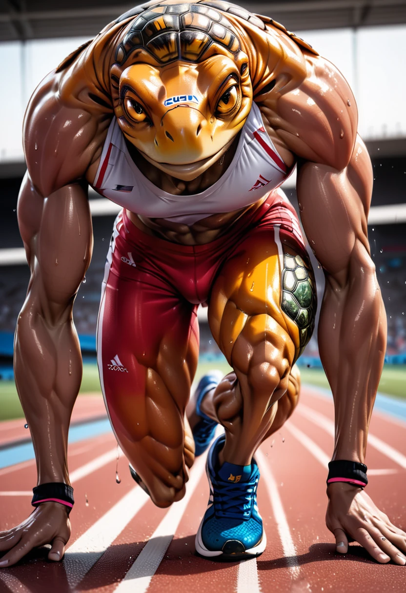 a close up shot on a ((anthmorph turtle: 1.5)) sprinter in a running lane getting ready to sprint in the Olympics, tense look, getting ready to sprint, (best detailed face: 1.3), lean muscled body, sweat beads on forehead, (wearing athletic shirt, pants and sneakers: 1.2), (anatomically correct: 1.4), (full body shot: 1.1) , vibrant, Ultra-high resolution, High Contrast, (masterpiece:1.5), highest quality, Best aesthetics), best details, best quality, highres, ultra wide angle, 16k, [ultra detailed], masterpiece, best quality, (extremely detailed), Cinematic Hollywood Film, Anthro... woman