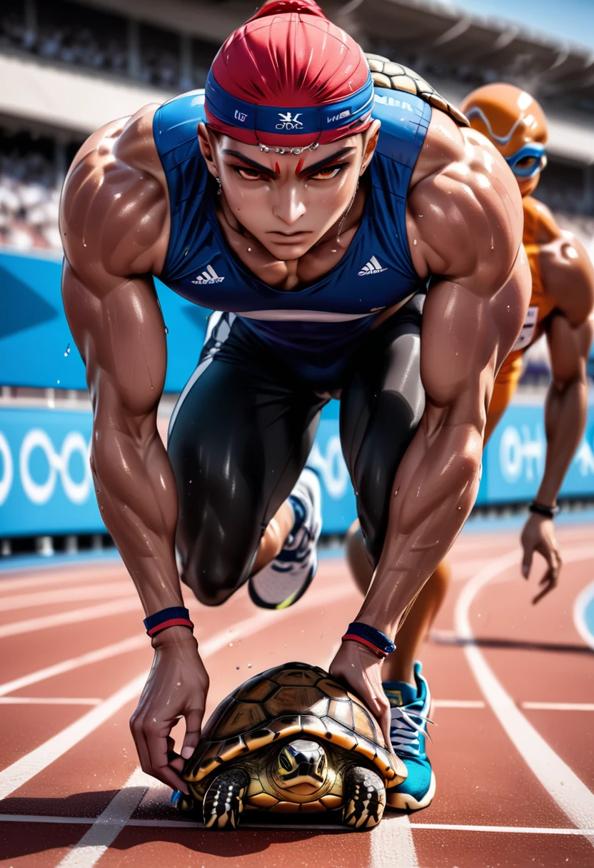 a close up shot on a ((anthmorph turtle: 1.5)) sprinter in a running lane getting ready to sprint in the Olympics, tense look, getting ready to sprint, (best detailed face: 1.3), lean muscled body, sweat beads on forehead, (wearing athletic shirt, pants and sneakers: 1.2), (anatomically correct: 1.4), (full body shot: 1.1) , vibrant, Ultra-high resolution, High Contrast, (masterpiece:1.5), highest quality, Best aesthetics), best details, best quality, highres, ultra wide angle, 16k, [ultra detailed], masterpiece, best quality, (extremely detailed), Cinematic Hollywood Film, Anthro... woman