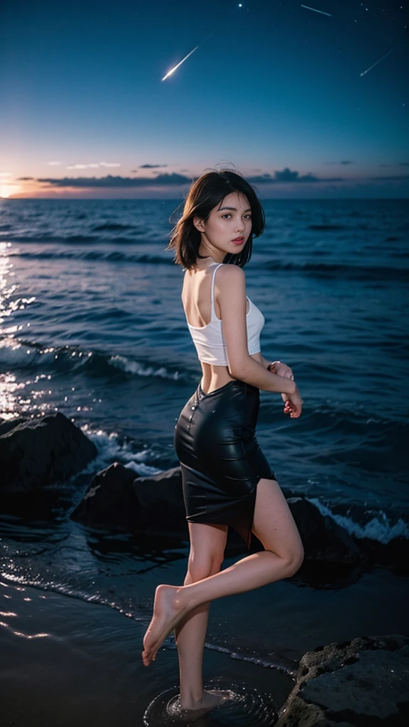 ((masterpiece, best quality)), night, Thin clothes, girl, Put one foot in the water with only the toes, girl standing, girl sideways, girl between the horizon and the sea, View from the side, Ripples spread from the toes, The scene of the incident was about 20 meters away from us, above sea level, night, The whole scene sparkles, There is a meteor shower