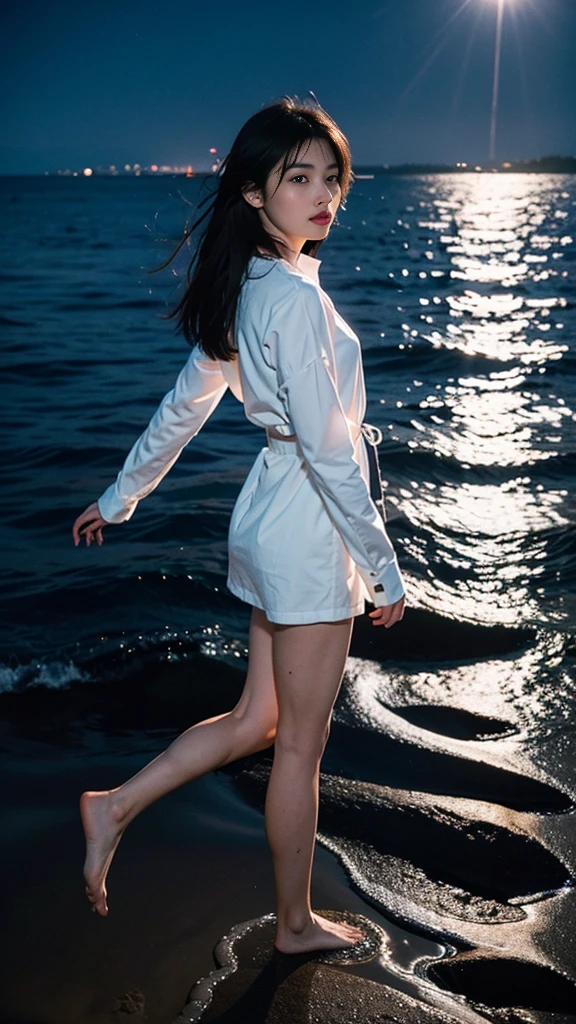 ((masterpiece, best quality)), night, Thin clothes, girl, Put one foot in the water with only the toes, girl standing, girl sideways, girl between the horizon and the sea, View from the side, Ripples spread from the toes, The scene of the incident was about 20 meters away from us, above sea level, night, The whole scene sparkles, There is a meteor shower