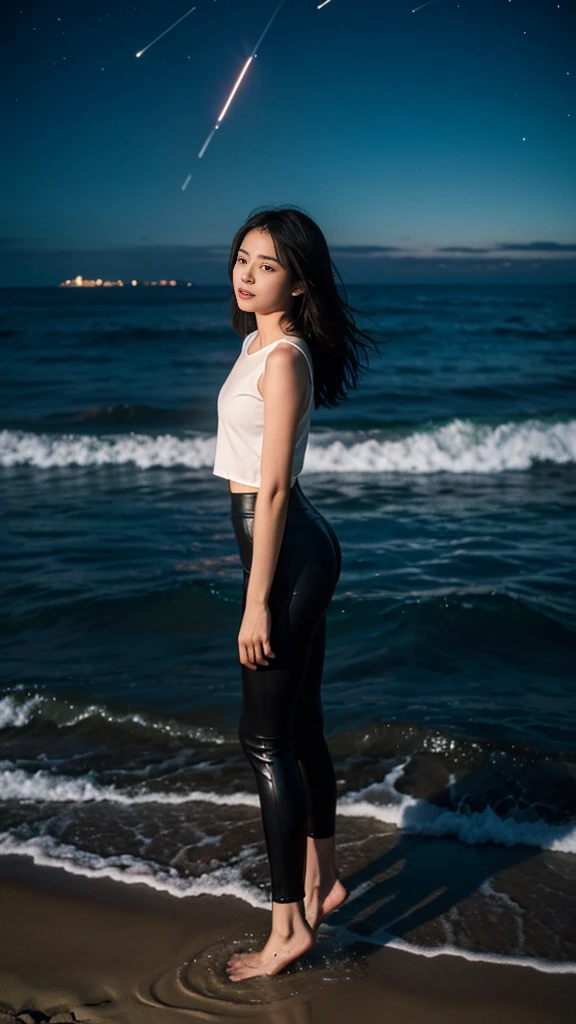 ((masterpiece, best quality)), night, Thin clothes, girl, Put one foot in the water with only the toes, girl standing, girl sideways, girl between the horizon and the sea, View from the side, Ripples spread from the toes, The scene of the incident was about 20 meters away from us, above sea level, night, The whole scene sparkles, There is a meteor shower