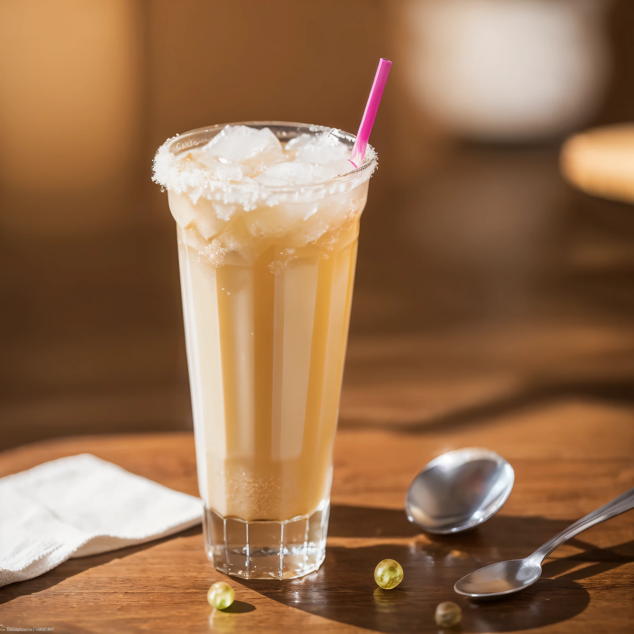 ((Best quality, 8k, Masterpiece :1.3)), 1 cup, Bubble milk tea with emphasis on the iridescent bubbles: 1.2, Transparent glass container: 1.1, Highly detailed frothy milk layer: 1.3, Wide straw with thick milk at the bottom: 1.2, Oversized ice cubes: 1.1, Tapioca pearls in various sizes: 1.2, Perfectly sweetened syrup: 1.1, Photorealistic, Raw photography, 8k wallpaper, Flawless, Professional lighting, Highly detailed, Depth of fields, One cup of Bubble Mil
