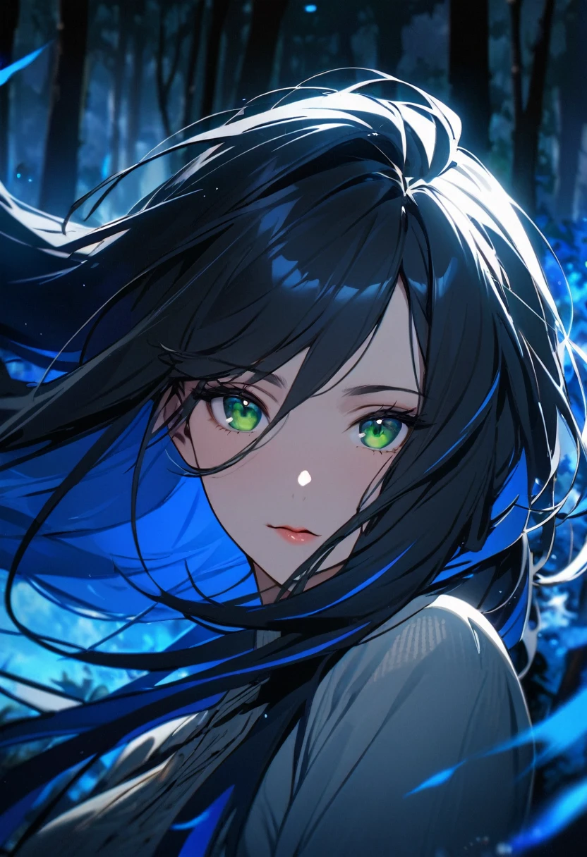 girl, black hair, long hair, green eyes, ,blue hair ornament pretty, mature, romantic space, ,Main face, front face, super close, beautiful eyes, sharp skin, mature beauty, hair flying in the wind, highest quality, forest, blue aura, standing sideways to right and looking to camera