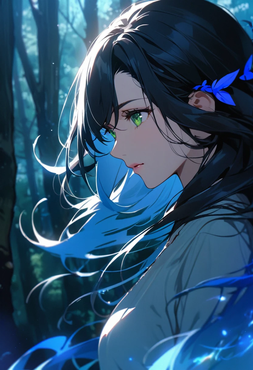 girl, black hair, long hair, green eyes, ,blue hair ornament pretty, mature, romantic space, ,Main face, front face, super close, beautiful eyes, sharp skin, mature beauty, hair flying in the wind, highest quality, forest, blue aura, standing sideways to right and looking to camera