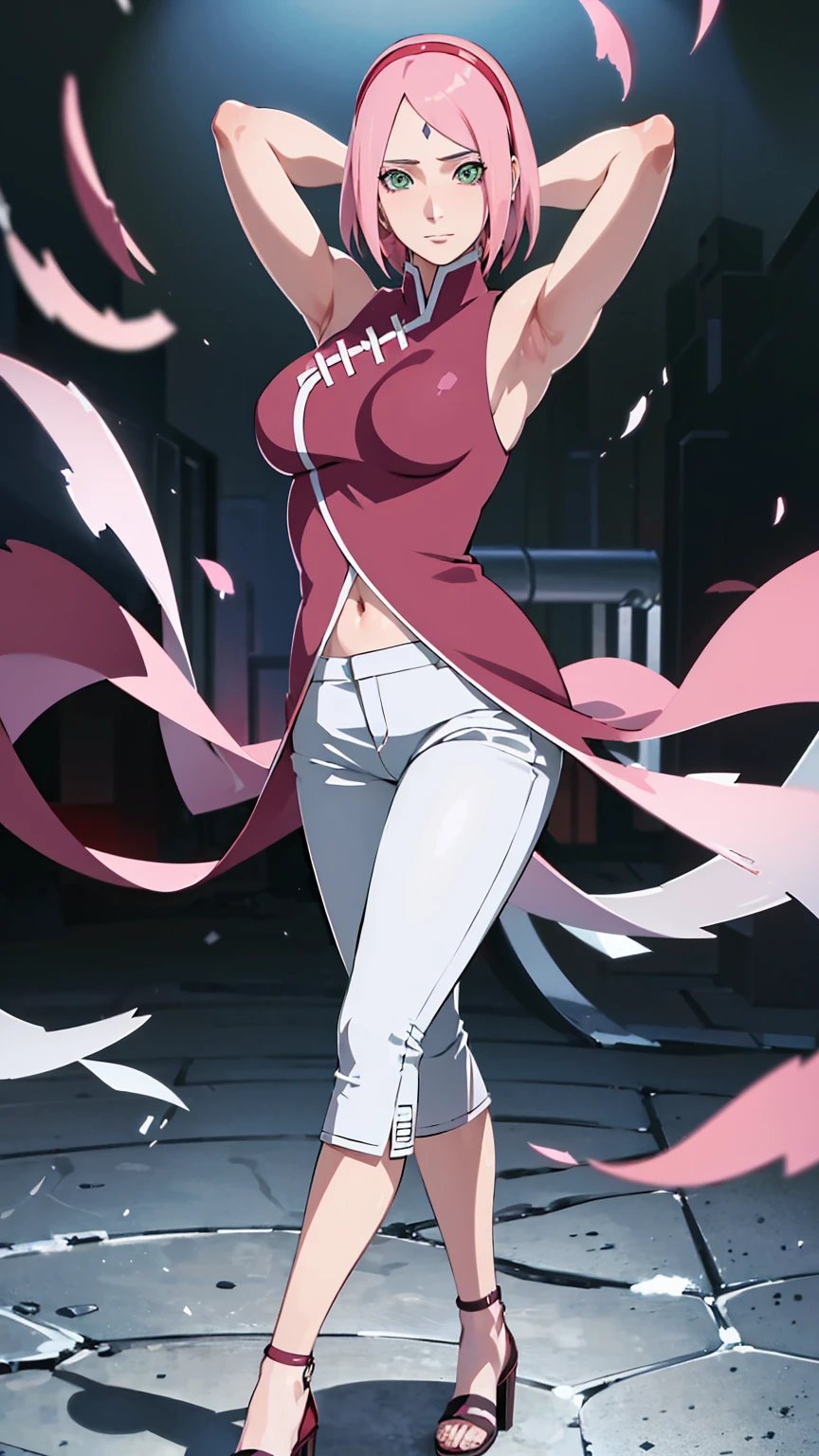 Masterpiece,stunning realistic,best quality,sharpess,1 girl,forehead mark,sakura haruno,pink hair,green eyes,forehead mark,red sleveless dress,white pants,middle large breasts,arms behind head