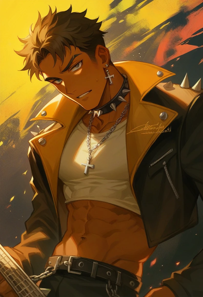 A fierce young man stands confidently, his intense gaze piercing through the viewer. He sports a stylish punk look, complete with a spiked leather jacket, layered necklaces, and a cross earring. His muscular physique is highlighted by a cropped tank top, revealing his chiseled abs. The background is a vibrant explosion of colors, adding to the dynamic and rebellious vibe of the scene.