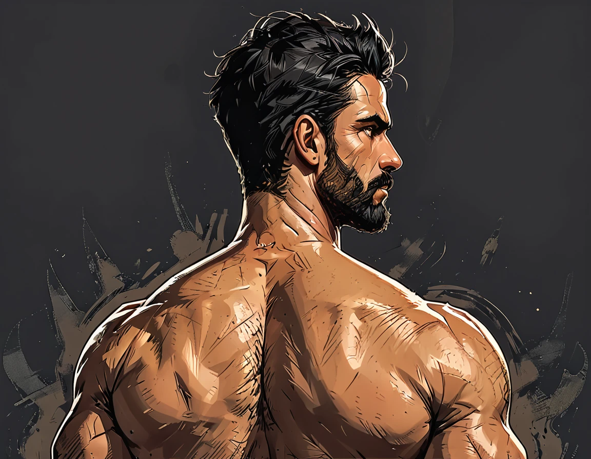 
Man from the back, Adult, Italian, Mesomorph Muscular body, perfect Olive skin, short Muscular neck, Rectangle faces, broad Muscular shoulders, Attached  Cupped Symmetrical Ears,  black short combed back hair, Fleshy nose, Bold Tapered black Eyebrows,  triangular Chin, brown Upturned eyes, Thin nude Lips, Designer Stubble black whiskers, triangular black hair beard, big muscles,       graphic style of novel comics, 2d, 8k, hyperrealism, masterpiece, high resolution, best quality, ultra-detailed, super realistic, Hyperrealistic art, high-quality, ultra high res, highest detailed, lot of details, Extremely high-resolution details, incredibly lifelike, colourful, soft cinematic light,