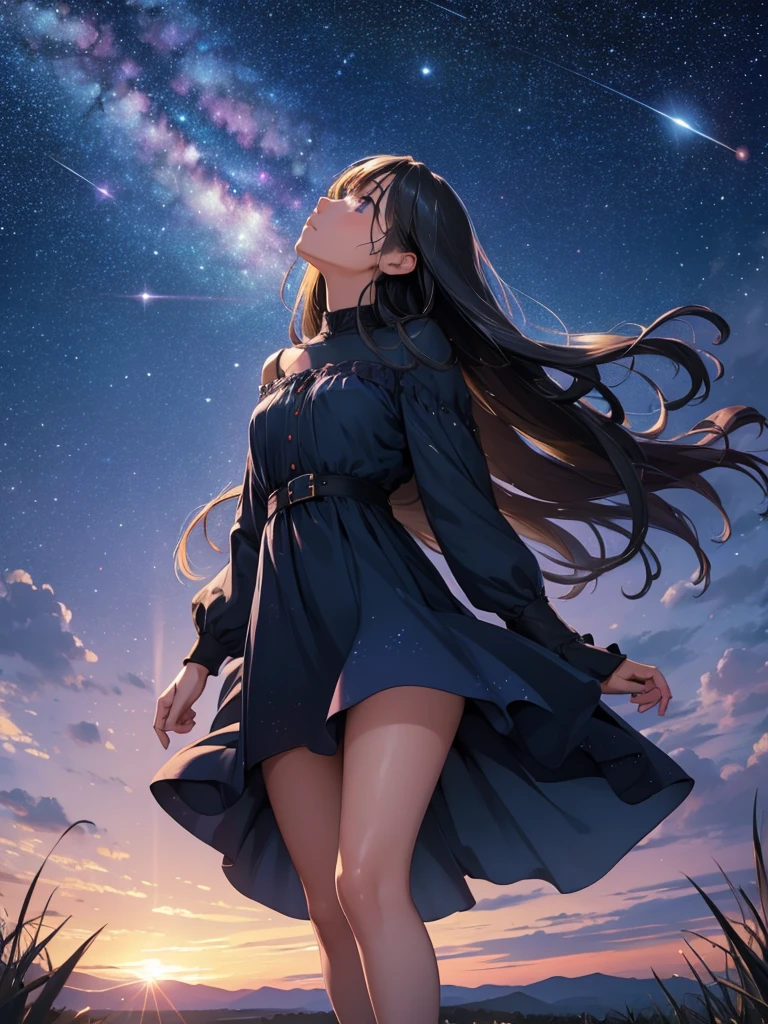 a beautiful woman, looking up at the sky, long hair, wearing a knee-length dress, fluttering in the breeze, before dawn, starry skies, The Big Dipper shines, spectacular views