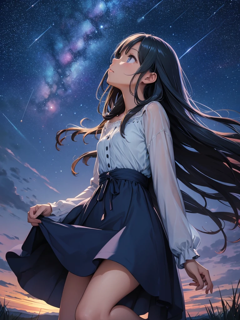 a beautiful woman, looking up at the sky, long hair, wearing a knee-length dress, fluttering in the breeze, before dawn, starry skies, The Big Dipper shines, spectacular views