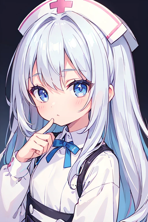 (best quality, masterpiece:1.2), ultra detailed, extremely detailed eyes and face, natural skin texture, detailed skin, natural lighting,
chibi, 1 girl, 12-years-old, (cute),
silver hair, middle hair, straight hair, shiny hair,
blue eyes,
flat chest,
nurse,
upper body,