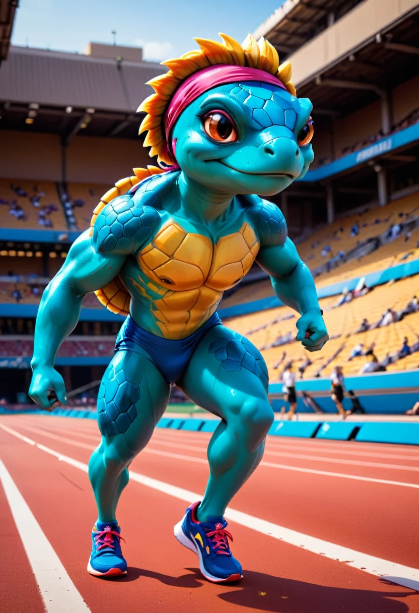 a close up shot on a ((anthmorph turtle: 1.5)) sprinter in a running lane getting ready to sprint in the Olympics, tense look, getting ready to sprint, (best detailed face: 1.3), lean muscled body, sweat beads on forehead, (wearing athletic shirt, pants and sneakers: 1.2), (anatomically correct: 1.4), (full body shot: 1.1) , vibrant, Ultra-high resolution, High Contrast, (masterpiece:1.5), highest quality, Best aesthetics), best details, best quality, highres, ultra wide angle, 16k, [ultra detailed], masterpiece, best quality, (extremely detailed), Cinematic Hollywood Film, Anthro... woman