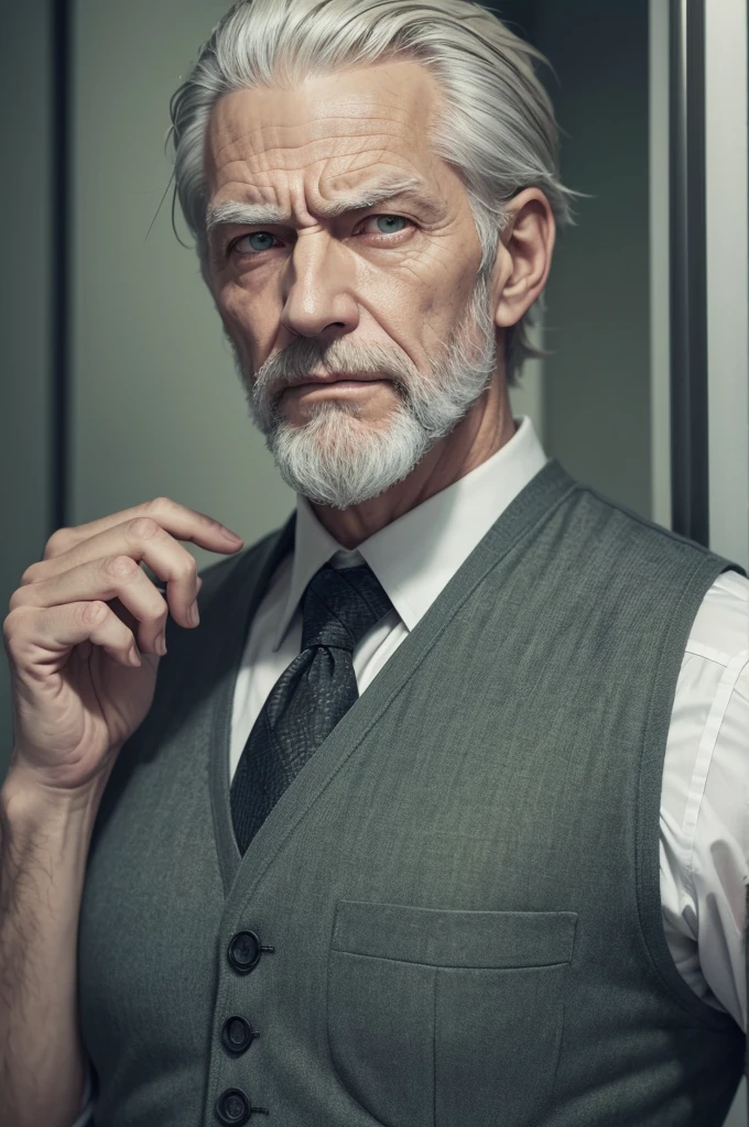an old man, he has green eyes, very gray blond hair, a gray beard, he wears faded green business clothes, on top there is a dress vest, he has an imposing and tired look, jujutsu kaisen style