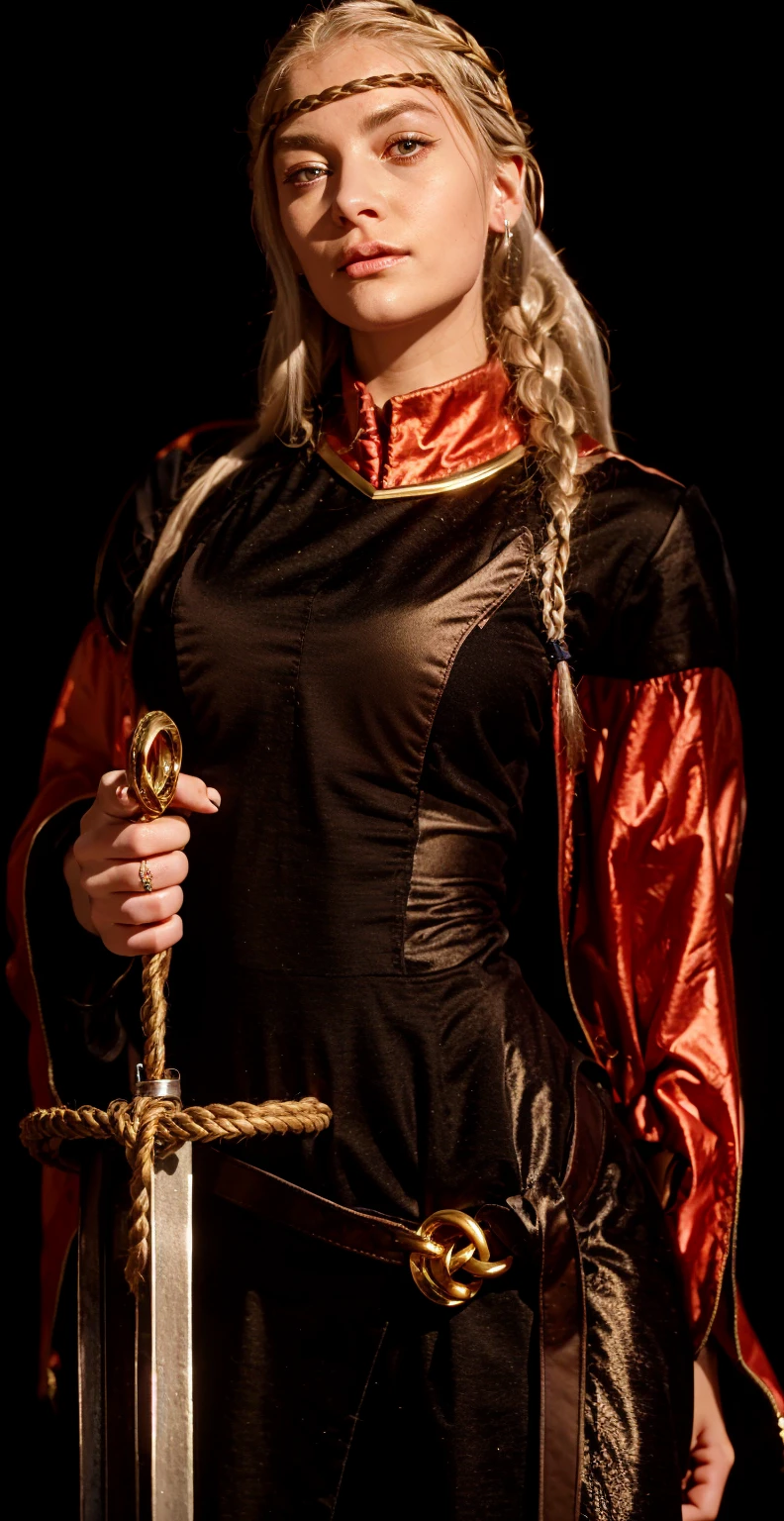 Girl, silver-gold hair, purple eyes, braided hair bound up in rings,
