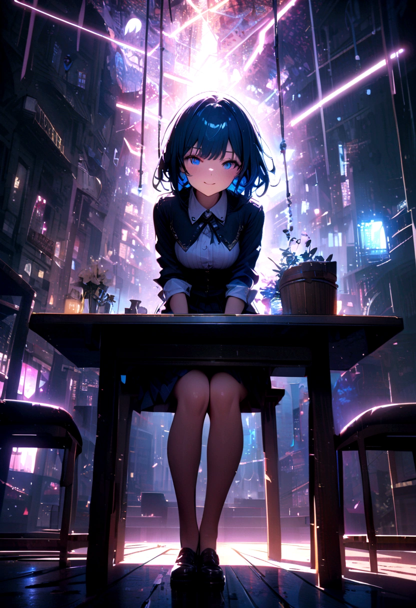 highly detailed, 8K, masterpiece, 1 Girl, Blue pleats_hair_Tube, skirt, bending_Exceed , giggle, (perfect_Face), sit, table, Gorgeous, complex, Dramatic Lighting, 4K, detailed_background, Caustic lines, full_Body, (Surrealism:1.3), bloom,(Beautiful Lights:1.3), Caustic lines, Dynamic Lighting, Beautiful Lights,  