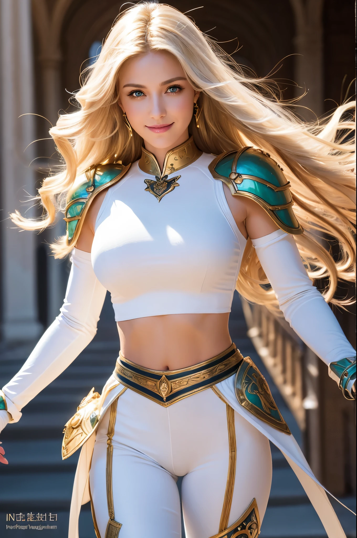 8K,Tall female royal paladin,so beautiful(Like the real thing),Blonde curly hair,smile,Green Eyes,Gorgeous red and white breastplate,Luxury White Combat Pants,Muscular and slim body,Toned Abs,masterpiece,Photorealistic RAW photos of the highest quality。Bright colors,Rich colors, Backlight, Cinema Lighting, Film Grain, to be born, 50mm lens, Nikon D850,Realistic Skin,Fantasy art,Character Art,Ultra-high resolution,Realistic scale skins,Perfect hand shape,View your viewers,Royal Palace Courtyard,long, Silver sword on waist.,Luxurious white shoulder pads,Luxury White Gauntlets,luxurious white waist armor,Luxurious white leg armor,Makeup,smile,sexy,