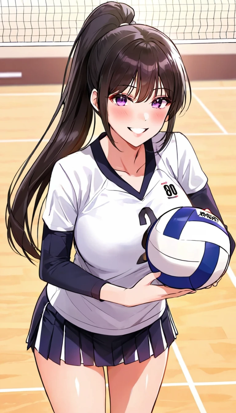 (best quality:1.4), (ultra highres:1.2), (8k, RAW photo:1.2), manhwa-artstyle, 1girl, solo, long hair, looking at viewer, smile, black hair, purple eyes, Perfect Hands, ponytail, 1girl solo, /(volleyball uniform/), bangs, blush light smile, (masterpiece best quality:1.2) delicate illustration ultra-detailed, large breasts BREAK /(volleyball court indoors/)