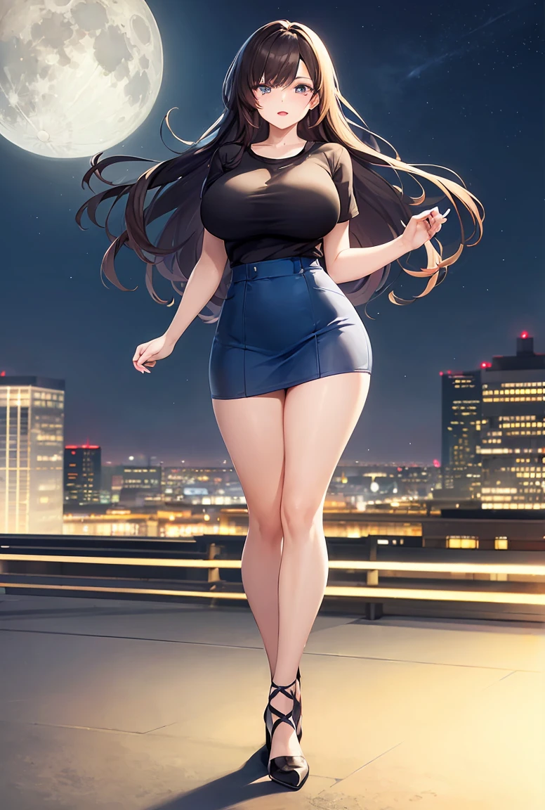 ((Best quality, 8K, masterpiece:1.3)), Anime girl, full body, very large breasts:1.6, large butt:1.9, wide hips:1.3, narrow waist:1.2, slender long legs, long wavy light brown hair:1.2, large expressive blue eyes:1.2, long eyelashes, navy blue mini skirt:1. 2, tight white t-shirt, standing against a night city background, bright neon lights:1.3, modern buildings, street with people, highly detailed skin and facial texture, detailed eyes, view of night city from a rooftop:1.3, moon in the sky, windy night, slightly dishevelled hair.
