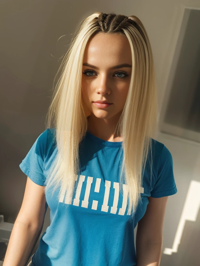 Top view. close up portrait of a Beautiful Russian woman with blonde hair. short braids, short hair, blue T-shirt. Pale skin. hair with braids. [The character is surrounded by mist, evoking a mysterious and eerie atmosphere. The lighting is dark and atmospheric, with a red smoke adding a touch of sinister ambiance. The image is of the best quality, with a resolution of 4k and HDR enhancement, showcasing the utmost level of detail and realism, sfw, full body shot.]. [8K, Best Quality, Masterpiece, Ultra High Resolution, (highly detailed CG unity 8k wallpaper), (best photo), (best shadows), isometric 3D, octane rendering, ray tracing, highly detailed, (Best quality, 4K, 8k, A high resolution, masterpiece:1.2), absurdity, ultra detailed, (realistic, photorealistic, photorealistic:1.37), complex parts, HDR, (complex parts:1.12), (hyper detailed, hyper realistic, Soft lighting, spicy:1.2), (complex parts, Hyper detailed:1.15). Blurred foreground. (backlit), realistic, masterpiece, high quality, brightness, chromatic aberration, 8k uhd, some smoke, shadows, contrast, clear sky, (warm hue, warm tone), high details, natural reflections]. 