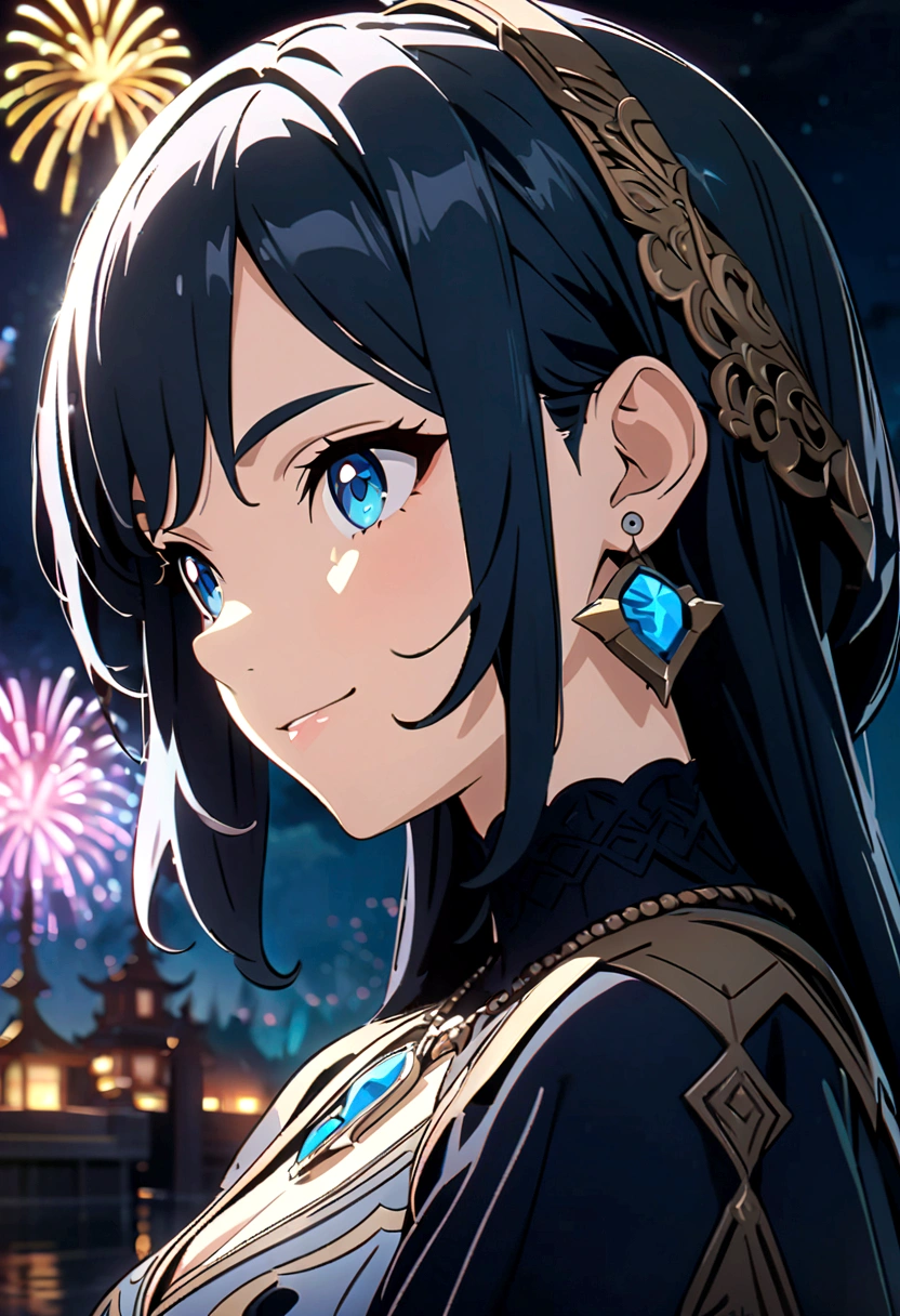 (masterpiece, best quality, high resolution, Extremely detailed, 8K, 4K), art, Anime Coloring, CG, illustration , fantasy, 1 Girl, Solitary, earrings, Necklace,  Smile, glad to, fireworks, Star, night, outdoor, (Hook of Holland), close up, Face Focus, Upper Body, Night Palace (Genshin Impact)