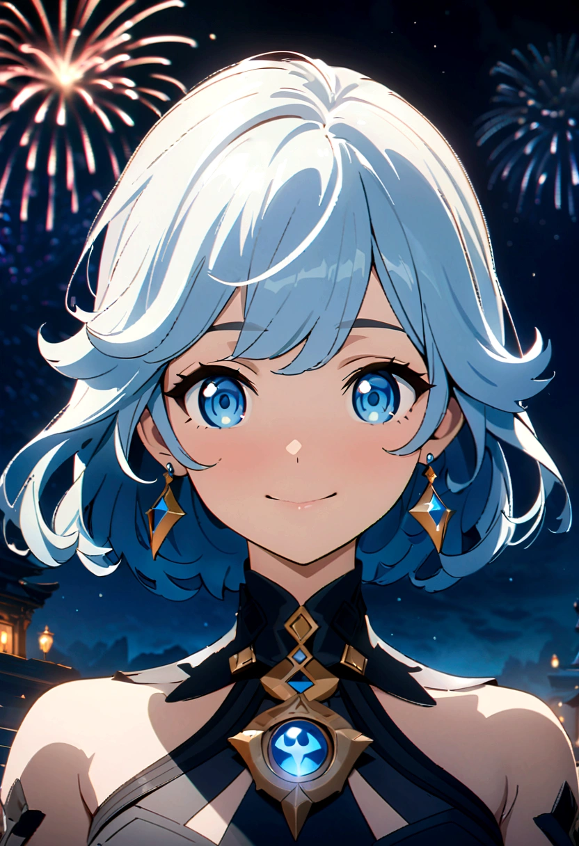 (masterpiece, best quality, high resolution, Extremely detailed, 8K, 4K), art, Anime Coloring, CG, illustration , fantasy, 1 Girl, Solitary, earrings, Necklace, Smile, glad to, fireworks, Star, night, outdoor, (Hook of Holland), close up, Face Focus, Upper Body, Night Palace (Genshin Impact)