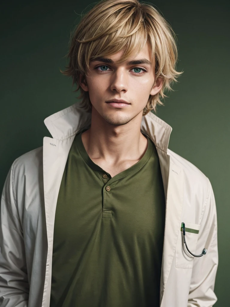 (best quality), 1boy, Male, 27 years old, young man, honey toned skin, short hair, dirty blonde hair, messy hair, messy bangs, green eyes, perfect eyes, lab coat, green shirt, fully clothed, clear face, nerd, strong jawline, lanky, (tired), messy, dark circles under eyes, masterpiece, anatomically correct, highres
