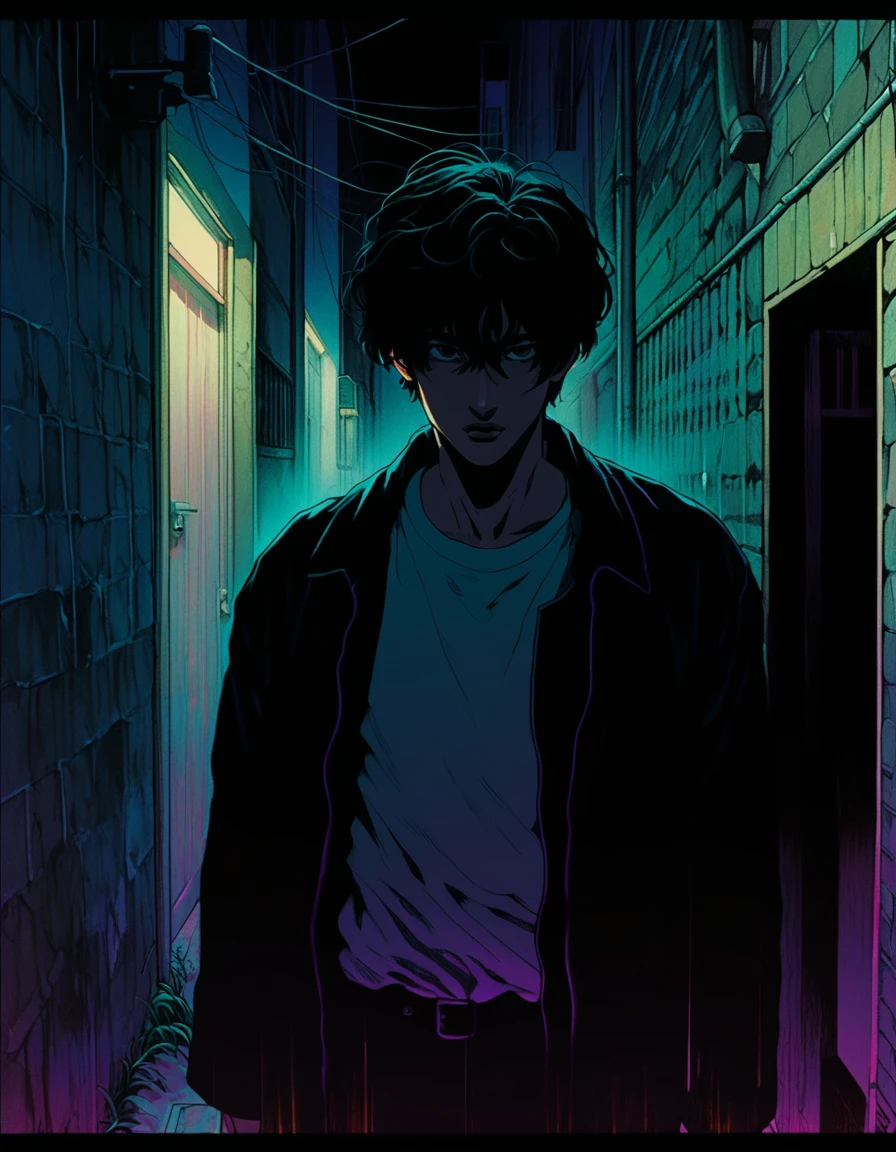 illust、art、from 80s horror movie, directed by Junji Ito、darkness、Young Man, Alley、nightmare、anxiety、high detail, realsitic shadow、Analog style, vhs style, 8mm film, chromatic aberration, Dvd screengrab、Surrealism