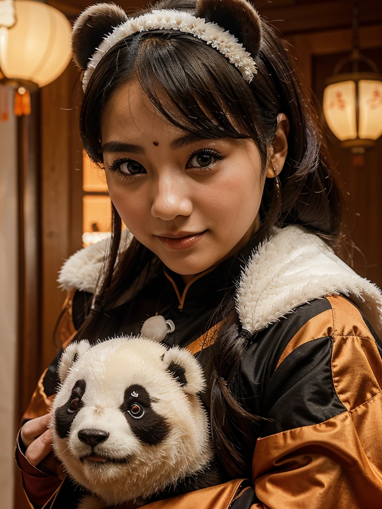 A girl hugging a panda, a thin oval face, Chinese costume, charming body, looking at the viewer