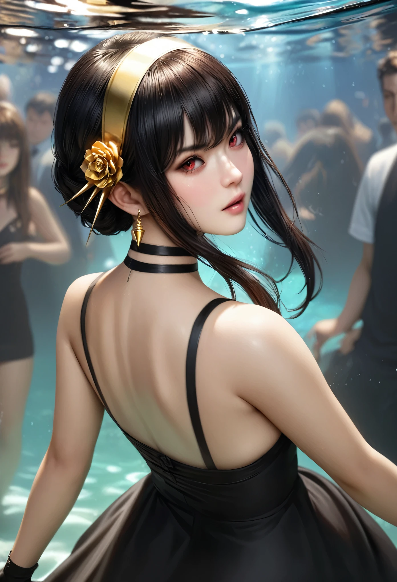 animetoreal,soft light, masterpiece, best quality, realistic,photorealistic,1girl,,spy_x_family, yor_briar, black_hair, red_eyes, sidelocks, jewelry, gold_earrings, gold_hairband, black_choker, black_dress, sleeveless_dress, two-sided_dress, two-sided_fabric, black_gloves, fingerless_gloves, black_thighhighs, sleeveless,under sea,lip biting,blur background,background defocus,from behind