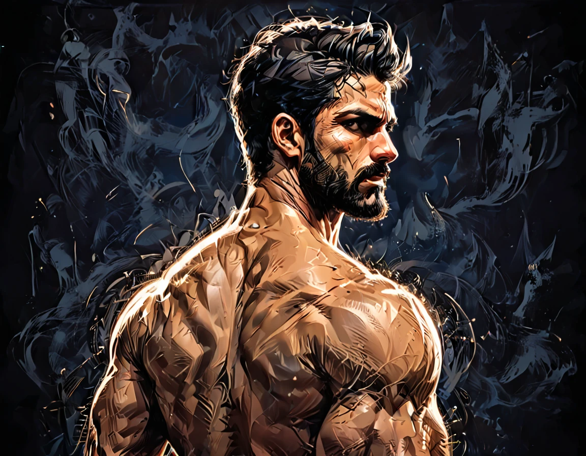 dark blue background,
Man from the back, Adult, Italian, Mesomorph Muscular body, perfect Olive skin, short Muscular neck, Rectangle faces, broad Muscular shoulders, Attached  Cupped Symmetrical Ears,  black short combed back hair, Fleshy nose, Bold Tapered black Eyebrows,  triangular Chin, brown Upturned eyes, Thin nude Lips, Designer Stubble black whiskers, triangular black hair beard, big muscles,       graphic style of novel comics, 2d, 8k, hyperrealism, masterpiece, high resolution, best quality, ultra-detailed, super realistic, Hyperrealistic art, high-quality, ultra high res, highest detailed, lot of details, Extremely high-resolution details, incredibly lifelike, colourful, soft cinematic light,