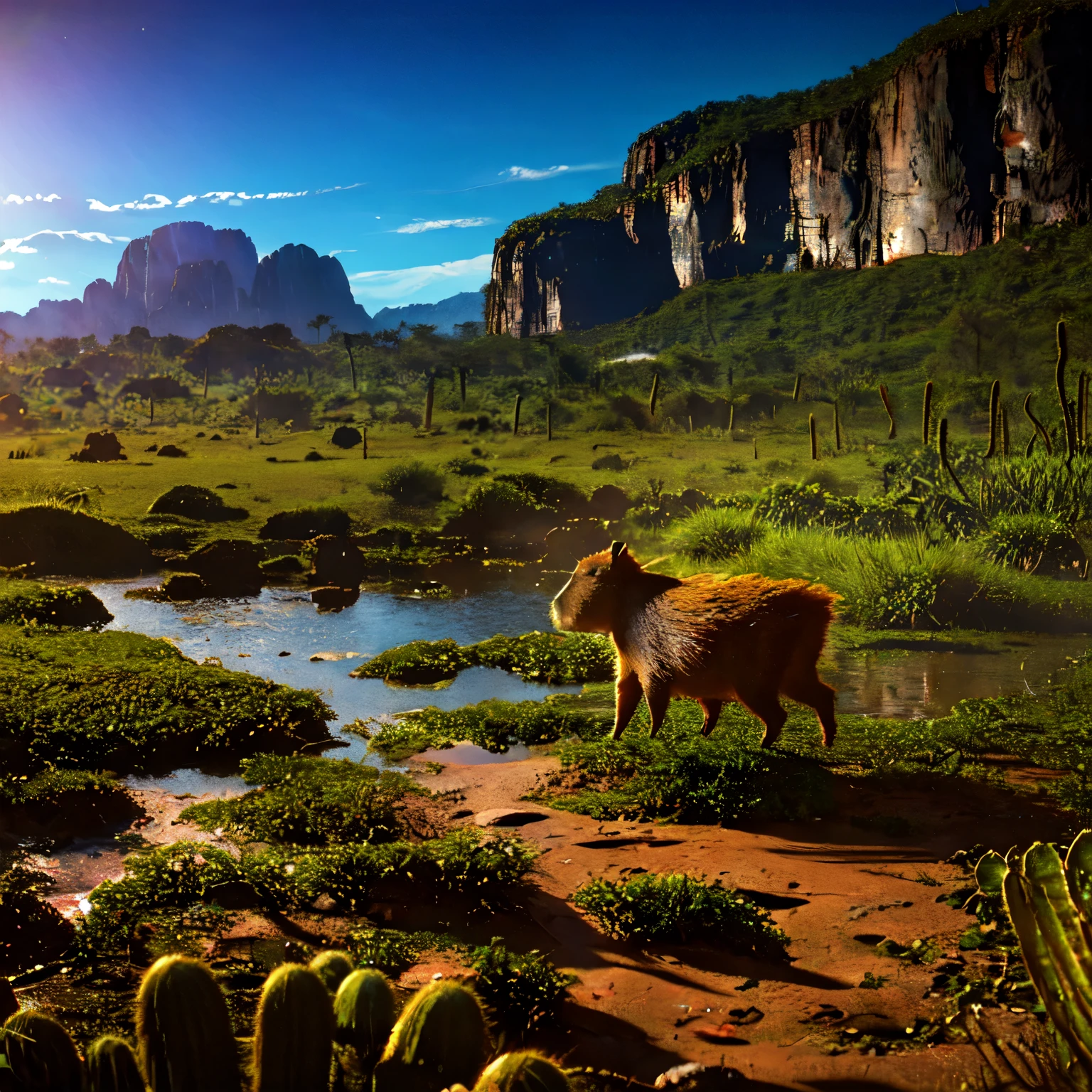 a capybara running towards the viewer in a dense jungle, several floating cactus-textured cubes behind the capybara, beautiful landscape with mountains and a tepui in the background, highly detailed, hyperrealistic, 8k, best quality, photorealistic, ultra-detailed, vibrant colors, dramatic lighting, cinematic composition, award-winning digital art