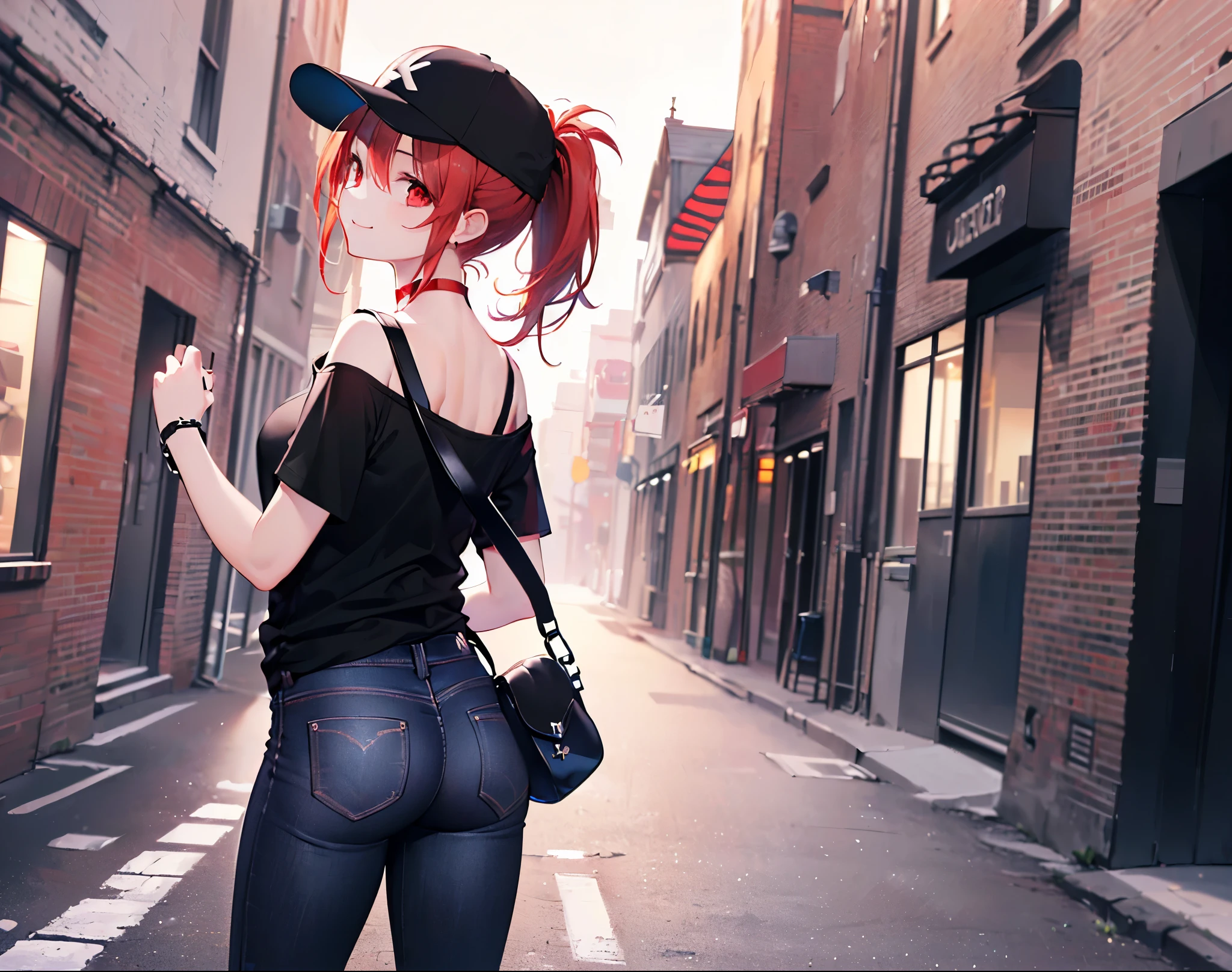 (Close-up:1.3),Realistic,Highest quality, Ultra Detail, High-quality CG rendering, The most delicate and beautiful, Floating softly, High resolution, (1 girl), (Highest quality,4K,8K,masterpiece:1.2),(All red hair:1.5), (ponytail:1.5),(Red eyes:1.5),(Slightly larger breasts:1.2 (All black T-shirt:1.3),(Black skinny jeans:1.3),(Black baseball cap:1.3),(Pitch black choker:1.3),(In the city,old buildings,(Turn your back to your audience:1.3),Butt,Are standing,(Small shoulder bag:1.3),smile