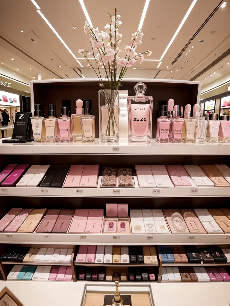 classy perfumes on shelves in a mall with z logo, with soft pink and white color