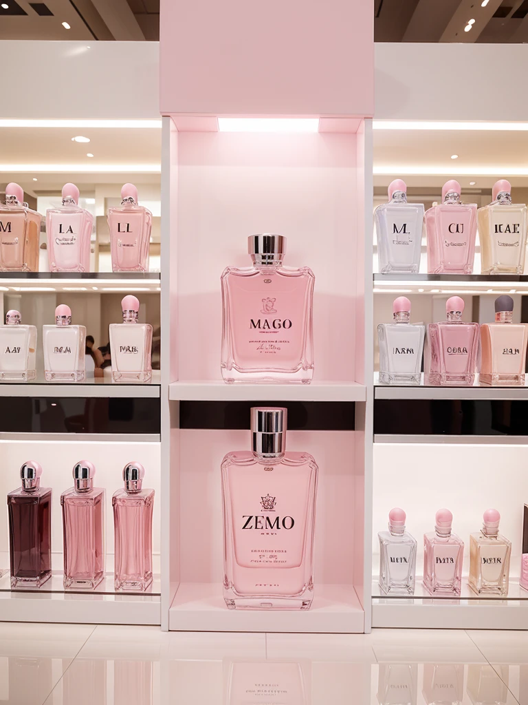 classy perfumes on shelves in a mall with z logo, with soft pink and white color