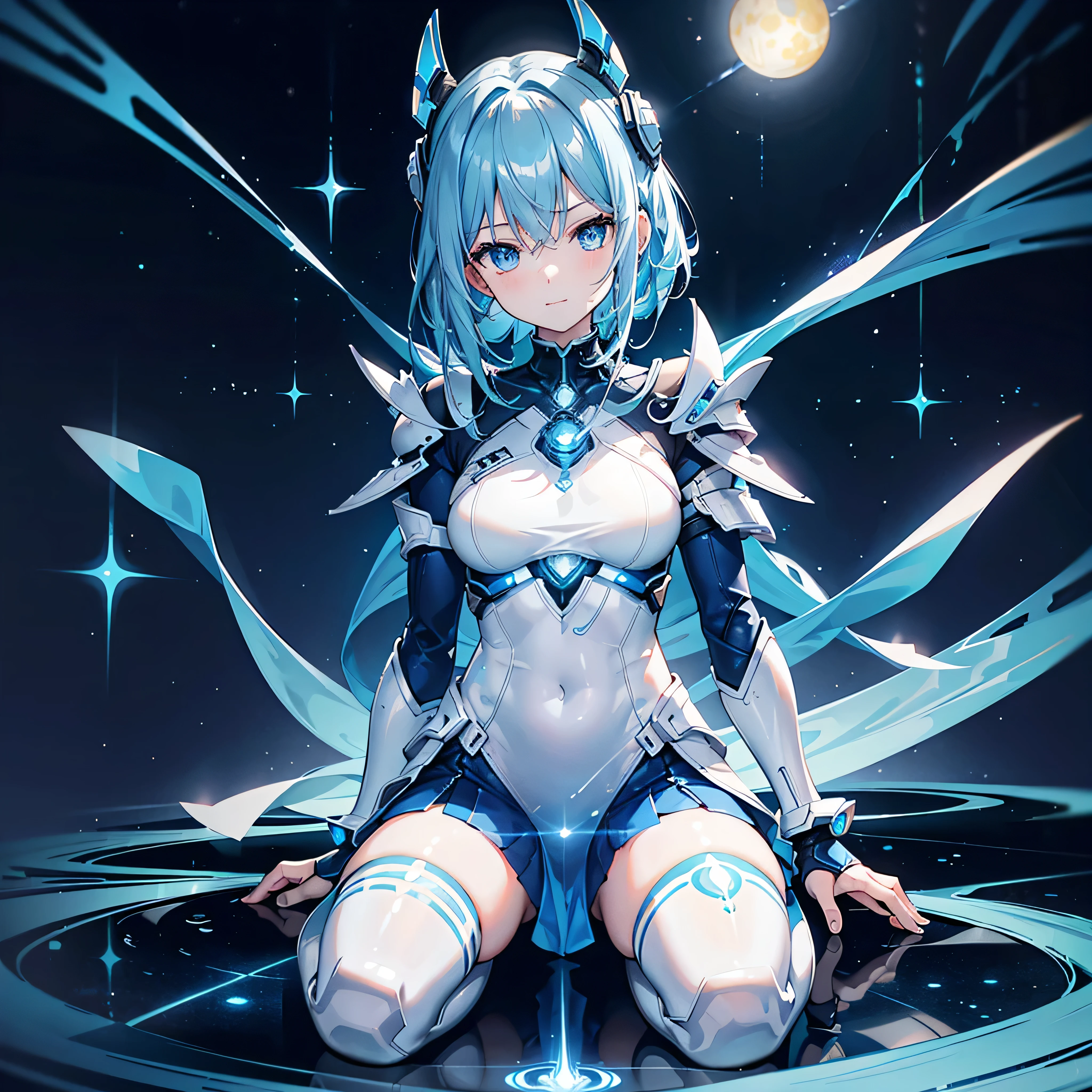 8K, Highest quality, (real:1.4), Original photo, 1 girl, Asari Hair, Biological Amplifier, Very sleek and futuristic armor, posture: Peace talks between warring factions,,attention arousal, smart blue eyes,A modest smile,Knee-high boots,Patent-look blue tights,Blue big moon and blue light swirl in the background,Blue light from behind,blue light magic,A small, glowing blue ball in the palm of your hand,Blue flame swirl,Blue Comet,Polished floor,