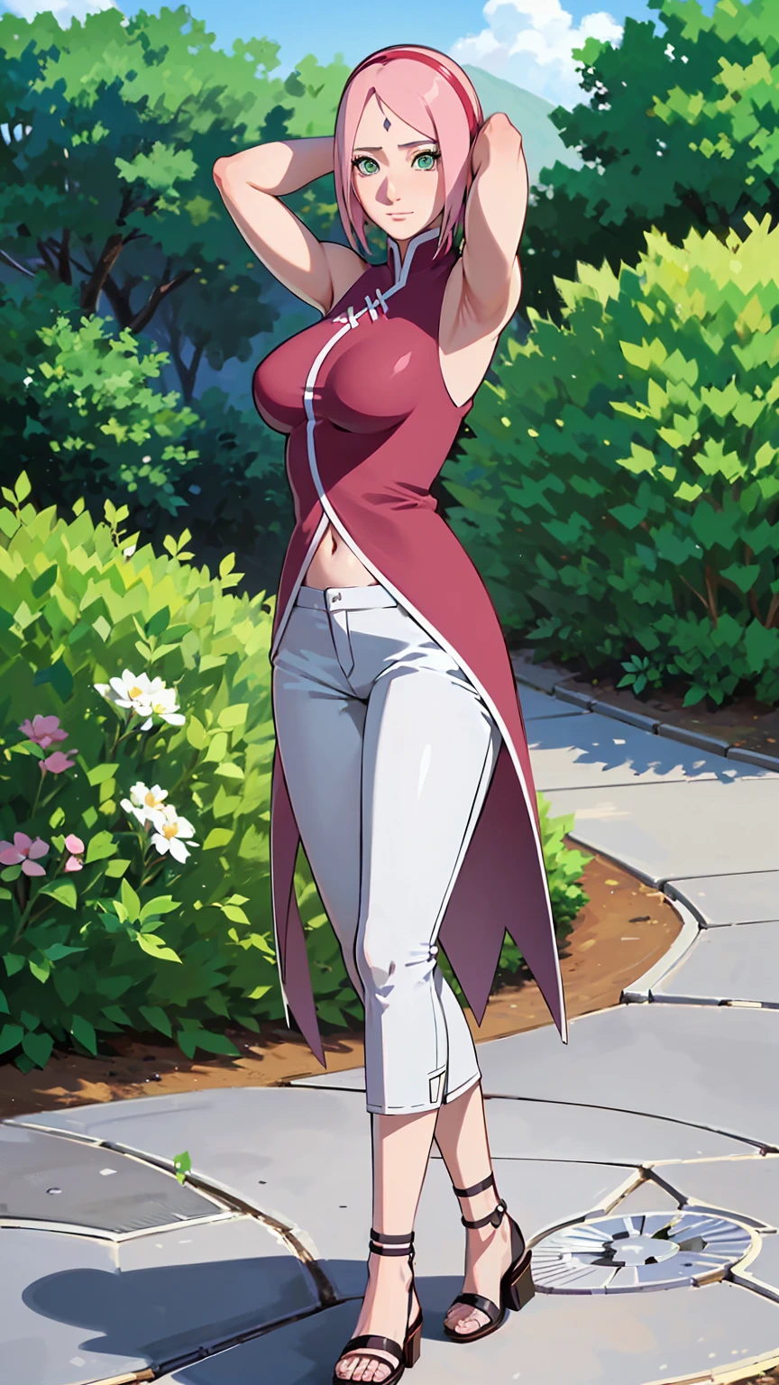 Masterpiece,stunning realistic,best quality,sharpess,1 girl,forehead mark,sakura haruno,pink hair,green eyes,forehead mark,red sleveless dress,white pants,middle large breasts,arms behind head,closeup,standing in a garden,half body