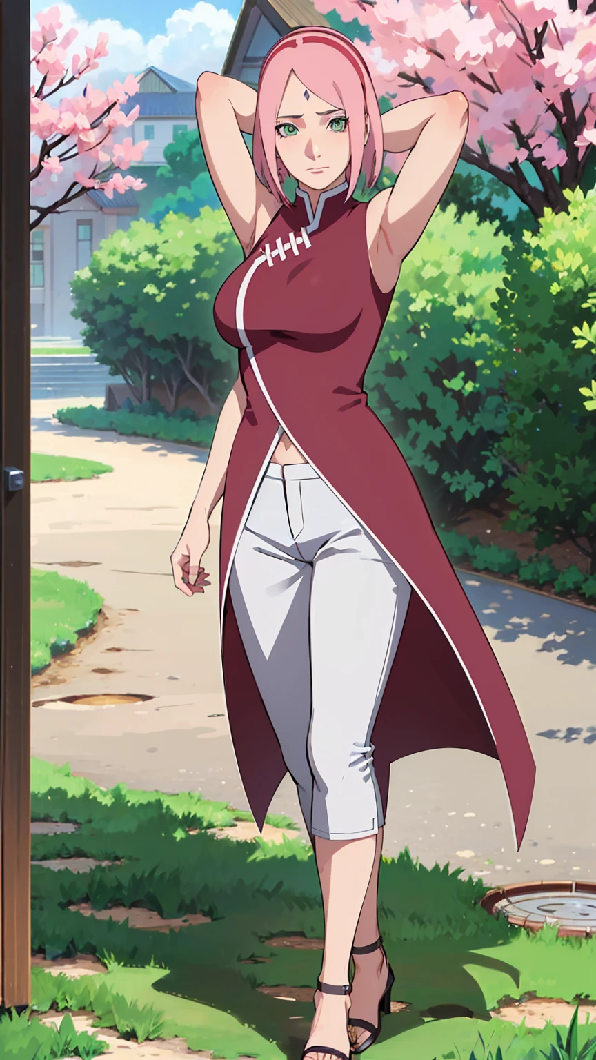 Masterpiece,stunning realistic,best quality,sharpess,1 girl,forehead mark,sakura haruno,pink hair,green eyes,forehead mark,red sleveless dress,white pants,middle large breasts,arms behind head,closeup,standing in a garden,half body