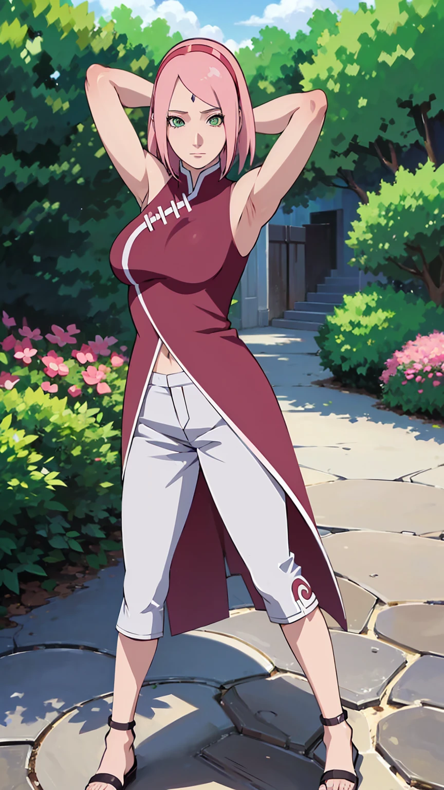 Masterpiece,stunning realistic,best quality,sharpess,1 girl,forehead mark,sakura haruno,pink hair,green eyes,forehead mark,red sleveless dress,white pants,middle large breasts,arms behind head,closeup,standing in a garden,half body